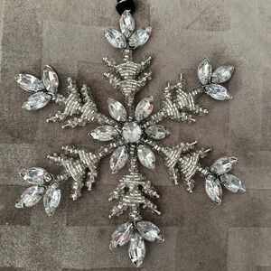 Silver Beaded Snowflake Bauble Ornament Crystal Glass Rhinestone Hanging Decor